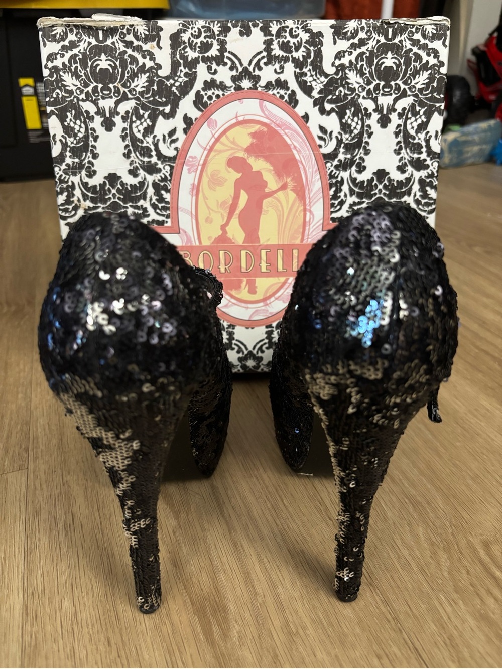 Bordello Black Sequin Mary Jane Platform Stiletto Heels Size 9